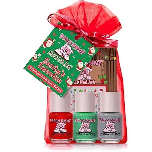 Piggy Paint | 100% Non-Toxic Girls Nail Polish | Safe, Cruelty-free, Vegan, & Low Odor for Kids | Santa's Sweetie (Christmas Holiday 3 Polish + Nail Art Gift Set)