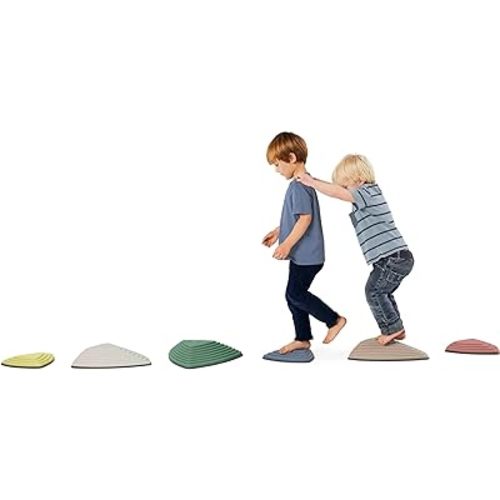 GONGE River Stones - The Original Kids Play Stepping Stones for Balance and Coordination, Non-Slip Bottom, Stackable, for Indoor and Outdoor, Set of 6 - Nordic