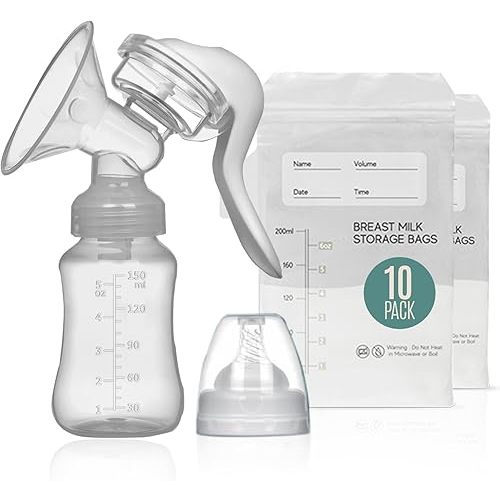 BPA Free Manual Breast Pump + 10 Breastmilk Storage Bag- Hand Pump Breastmilk & Milk Collector - Ergonomic Breast Pump & Breast Milk Storage Bags Freezer-Silicone, BPA Free,150 ml