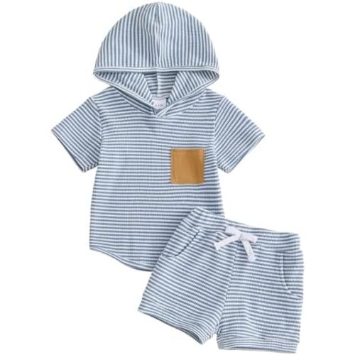 Toddler Baby Boy Summer Outfit Waffle Short Sleeve Hooded Stripes Tops Casual Shorts Set Infant Newborn Clothes