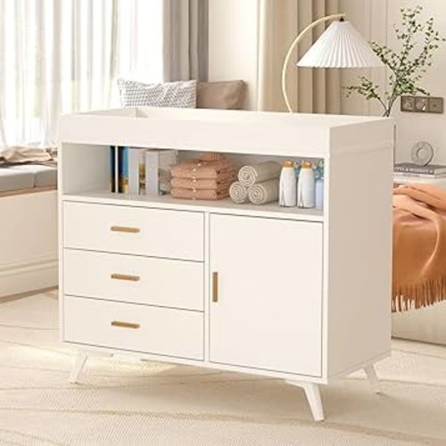 GarveeHome Wooden Diaper Changing Table, 3-Drawer Changer Dresser with Safety Belt and Rails, Dresser with Changing Table Top, Dresser for Nursery, Wood Diaper Changing Station with Open Shelf