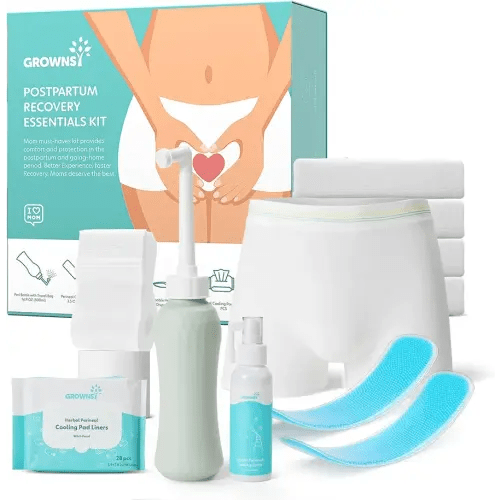 Grownsy Postpartum Essentials Recovery Kit for Labor & Delivery | Postpartum Kit for Women | Includes Upside Down Peri Bottle, Perineal Spray, 28 Cooling Pad Liners,2 Ice Packs &4 Disposable Underwear