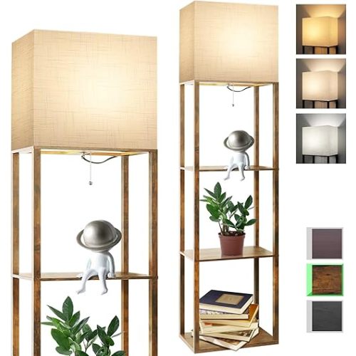 RUNTOP Plus Floor Lamp with Shelves, Modern Shelf Floor Lamp with 15W 3CCT LED Bulb and Memory Function, Wide Shelf Lamp for Display Storage, Standing Lamps for Living Room, Bedroom, Office, Corner