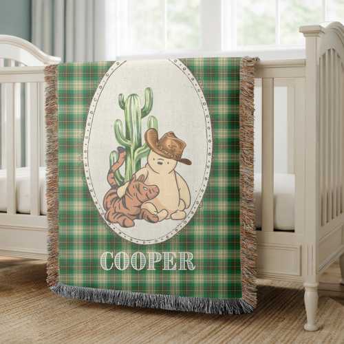 Vintage Winnie The Pooh Cowboy Blanket, Custom Baby Name Blanket, Western Nursery Throw, Personalized Western Baby Gift