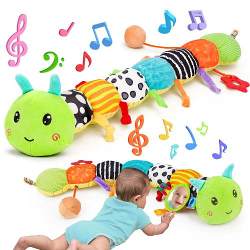 Music Animal Stuffed Plush Caterpillar Toy for Infant 0-3-6 Month Tummy Time with Baby Mirror Crinkle Rattle for 6-12 Month Texture Toy for Newborn Boys Girls Birthday Gifts