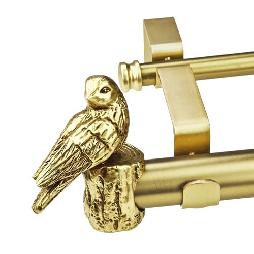 1-1/8 Inch Diameter Brushed Gold Curtain Rod with Bird Design Finials, 36-72'' Telescoping Double Curtain Rods for window width 24-68 inch, Decorative Drapery Rods for Bedroom,Living Room