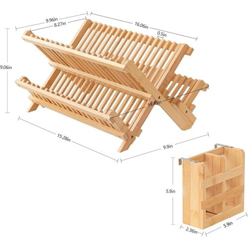 HBlife Bamboo Dish Drying Rack with Utensils Flatware Holder Set, 3-Tier Large Folding Drying Holder for Kitchen Counter, Collapsible Drainer