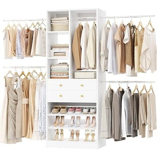 Closet System, 4.2–8.8 FT Closet Organizer with 2 Wooden Drawers and Shelves, Walk-in Closet System with Hanging Rods, Built-in Closet Tower, Can Fit 60 to 96 inch, White