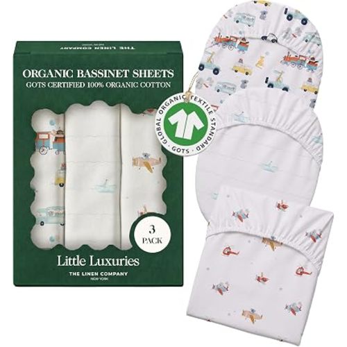 100% Organic Cotton Bassinet Sheets 3 Pack - (33 x 17 Inches) Angel Bliss - GOTS Certified, Soft Breathable Percale Weave, Universal Fits Standard Oval & Rectangular Mattress - for Boys & Girls
