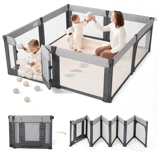 Sweeby Foldable Baby Playpen, 71x59 Playpens for Babies and Toddlers Large Play Yard with Door Baby Fence with Gate and Indoor & Outdoor Play Pen,Darkgrey