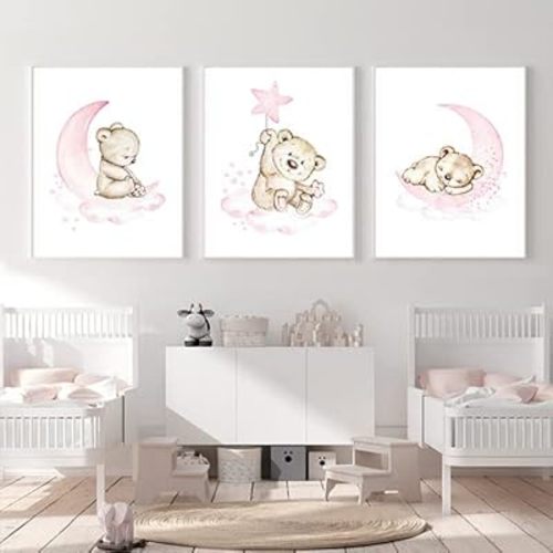 Cartoon Animal Canvas Wall Art - Baby Bear Painting, Pink Moon Star Cloud Art, Cute Animal Prints, Children Room Nursery Artwork, 12x16inch x3 Unframed