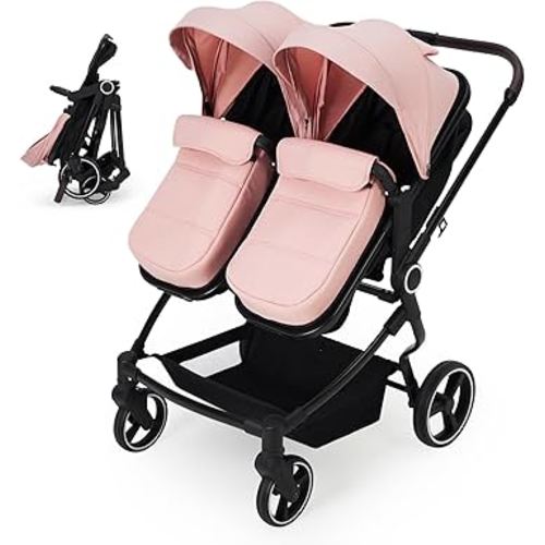 Tandem Double Stroller for Newborn and Toddler, Lightweight Compact Fold Stroller with Adjustable Recline & Canopy, Parent Cup Holders for Twins Infant Kids Travel, Pink
