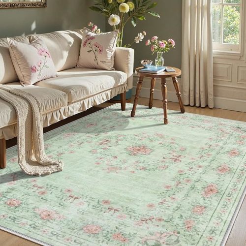 Wonnitar Floral Bow Print Purple Rug, 5x7 Washable Rug for Girls Room Decor, Ultra-Thin Non Slip Soft Boho Carpet for Bedroom Nursery Toddler Kids Room Living Room Women Office