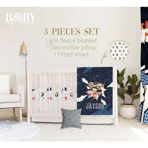 Superhero Crib Bedding Set: Fleece Blanket, Fitted Sheet, Pillow