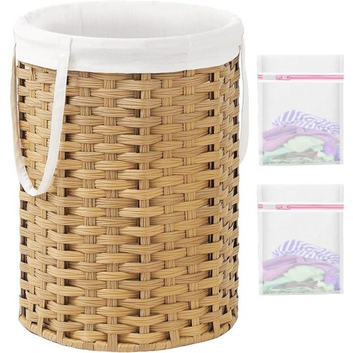 Laundry Hamper Laundry Basket Round 19.0 Gal (72 L) Handwoven Rattan Hamper, Large Wicker Hamper Basket with Removable Liner Bag Handles 2 Mesh Bags for Bathroom Living Room Natural