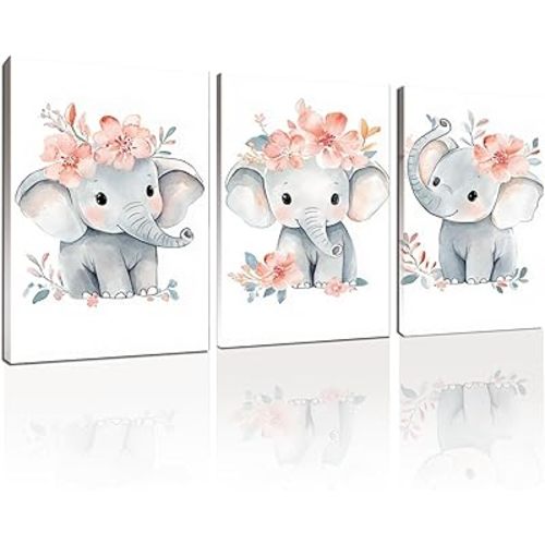 Wivsev Pink Gray Wall Art Elephant,Elephant Pictures Wall Decor,Cute Animal Canvas Wall Art for Nursery,Lingroom,Bedroom (12" x 18" x 3 pcs)