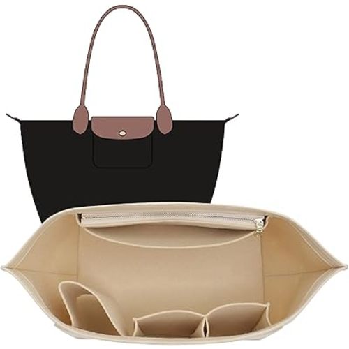 OAikor Felt Purse Organizer Insert for Longchamp Le Pliage L Tote Bag & M Handbag, Zipper Long Champ Bag Organizer Insert with Cup Holder, Women Bags Divider Shaper with 8 Compartments (Beige,L)