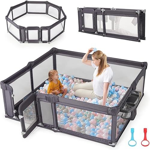Sweeby Foldable Baby Playpen, Baby Gate Playpens for Babies and Toddlers 71x59 Extra Large Play Yard with Door Fence with Mat and Indoor Play Pen,Dark Grey