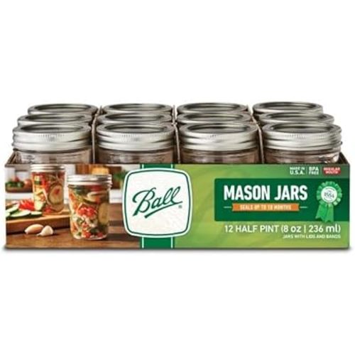Ball Glass Mason Jar with Lids and Bands, Regular Mouth, Half Pint Size, 8 OZ (12 Pack)