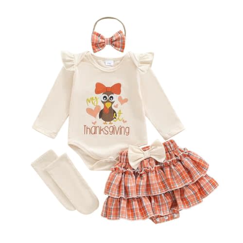 MoZiKQin My First Thanksgiving Baby Girl Outfit Turkey Romper Ruffle Layered Shorts Headband Socks Cute Fall Clothes
