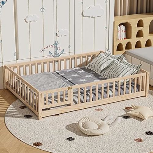 i-POOK Full Floor Bed for Children, Sturdy Wood Montessori Bed Frame with Wood Slats, Fence & Door, Montessori Floor Bed for Girls and Boys, Natural (with Bed Slats)