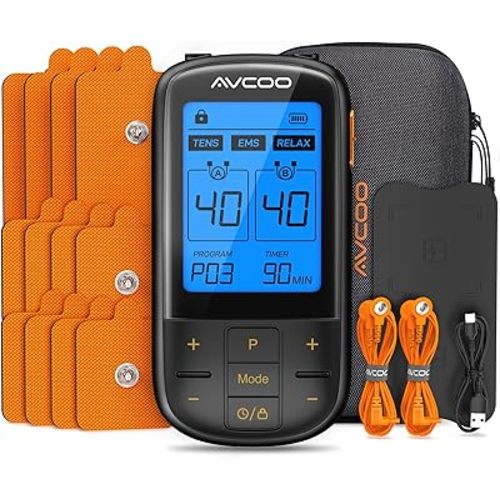 3-in-1 TENS Unit with 32 Modes, Dual Channel EMS Muscle Stimulator with 40 Intensities for Gradual Pain Relief Therapy, Rechargeable Electronic Pulse Massager with 12 Electrode Pads, EVA Case