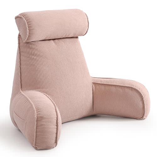 Reading Pillow for Sitting Up in Bed, Bed Rest Backrest Pillow with Arms, Corduroy Back Support Cushion with Side Pockets & Washable Cover, Comfort Support Pillow for Women & Moms, Pink
