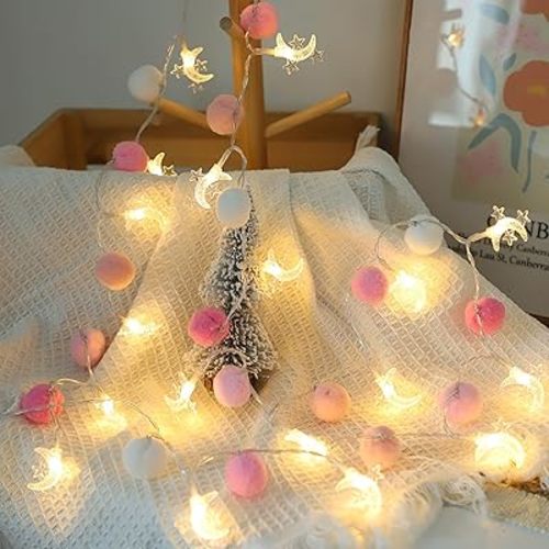 Indoor String Lights 6.56 Feet Pom Poms Moon 20 LED Battery Operated Fairy Warm White Globe Colorful Decor for Home Bedroom Kids Playhouse Holiday Christmas
