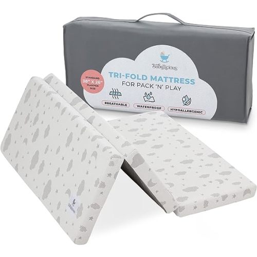 Babylicious Waterproof Pack and Play Mattress Topper | 38" x 26" x 1.5" | Trifold Style - Breathable Soft Plush Foam - Portable Mattress Topper- Baby Foam Mattresses for Babies