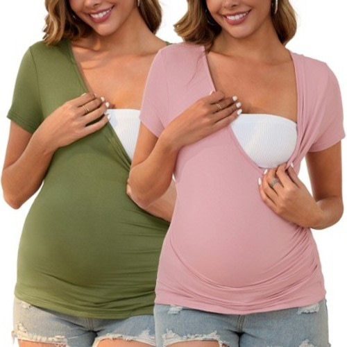 INSPIRE CHIC 2 Pcs Women's Nursing T-Shirt Soft Stretchy Side Ruched Cross V Neck Maternity Top Breastfeeding X-Large Pink&Army Green