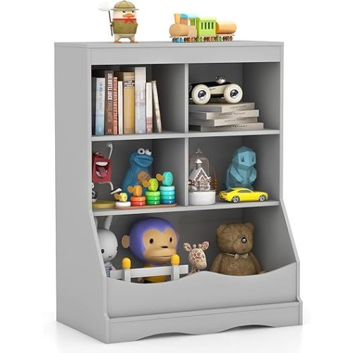 HONEY JOY Kids Toy Storage Organizer with Bookcase, 4-Cubby Organization Storage Cabinet w/Display Shelf, Wooden Toy Storage Unit for Playroom, Nursery Daycare(Gray)