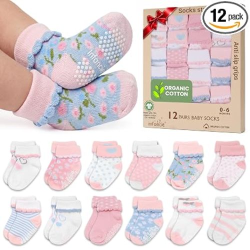 GOTS Organic Cotton Blend 12 Pairs Baby Newborn Socks 0-6 M Girl Non Slip