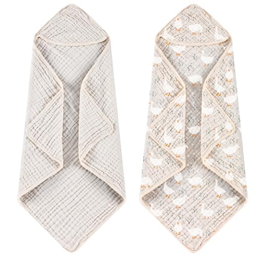 Hahafelt 2 Pcs Goose Baby Hooded Towels for Newborn 100% Muslin Cotton Baby Bath Towel with Hood for Babies Infant Toddler and Kids Large 32x32inch Soft Absorbent Kids Essential Gift