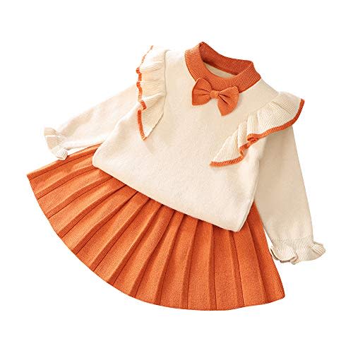 IMEKIS Toddler Baby Girl Outfit Knitted Sweater Tops with Skirt Matching Sets Ruffle Long Sleeve Fall Winter Clothes