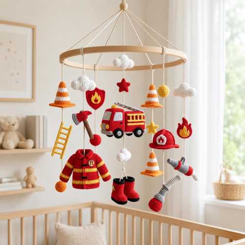 Firefighter Baby Mobile, Crochet Fire Truck Crib Mobile, Fireman Nursery Decor, Fire Rescue Baby Gift, Firefighter Theme Nursery Mobile