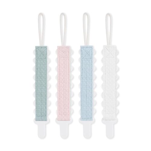 Pacifier Clip for Baby Boy and Girl, 4 Pack A | Soft Cotton Waffle Fabric, Rick Rack Trim, Plastic Clip No Rust, Unisex, Newborn Essentials ,Baby Birthday Shower Gift