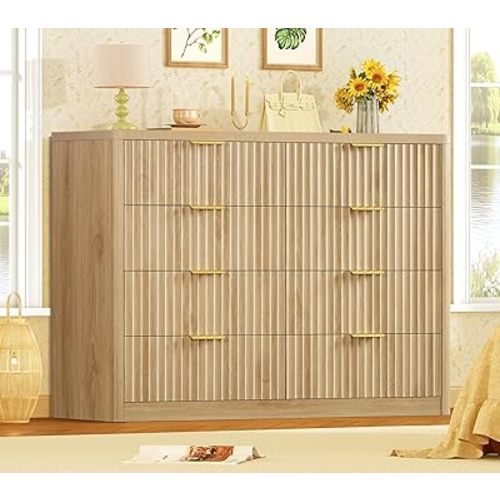 TEENOFN Fluted Dresser for Bedroom with 8 Drawers, 47.2" Wide Modern Chest of Drawers with Metal Handle, Dresser TV Stand, Wood Closet Clothes Storage Organizer for Living Room, Hallway, Natural
