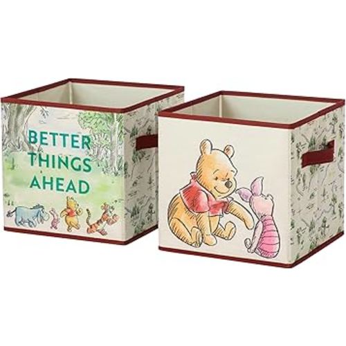 Disney Winnie the Pooh Storage Cubes,Set of 2 Durable Fabric Bins with Handles, 10x10x10, Collapsible Organizers for Kids' Room, Nursery & Closet