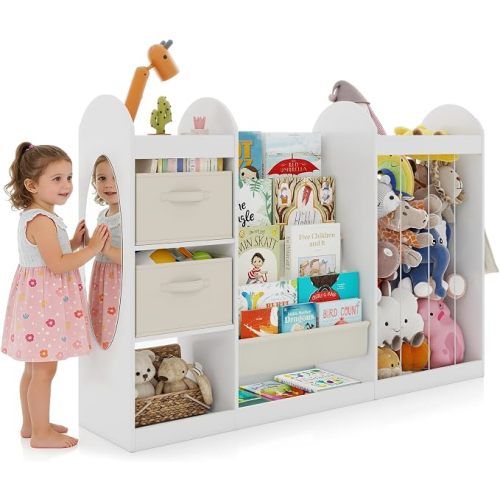 JOYLDIAS 4-Tier Kids Toy Storage Organizer with Bookshelf, 3 Cubbies, 2 Storage Bins & Mirror, Stuffed Animal Storage for Boys Girls Ages 3+, Toy Chest for Kids Room Playroom Classroom