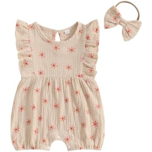 Newborn Baby Girls Daisy Printed Clothes Pleated Ruffled Sleeve Romper Cute Summer Outfit with Headband