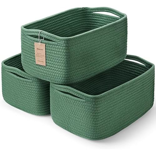 3-Pack Storage Baskets for Organizing | Woven Shelf Toy Basket | Rope Baskets for Gifts Empty | Closet Organizer Bins with Handles | Cube Decorative Box | 13.7×7.1×6.7” | Dark Green