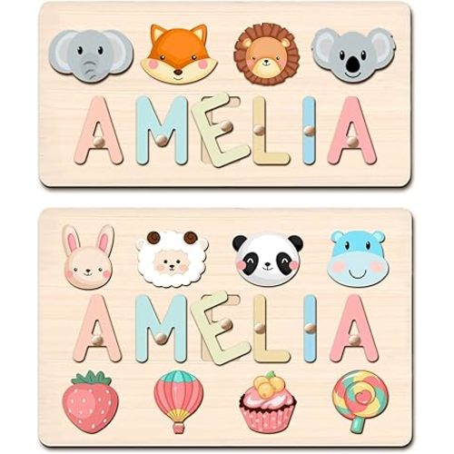 Name Puzzles for Kids Personalized Custom Baby Easter Basket Stuffers 1st Birthday Baby Gifts for Boys Girls Wooden Puzzle Toys for Toddler 1-3 Montessori Learning Toys with Gift Wrapping