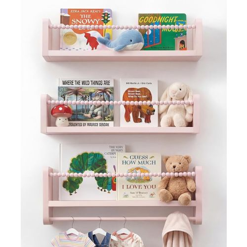 Nursery Book Shelves for Wall Set of 3, Pink Natural Wood Bookshelf Wall Decor, Small Floating Shelf Organizer for Kids Room, Bedroom, Kitchen Spice Rack