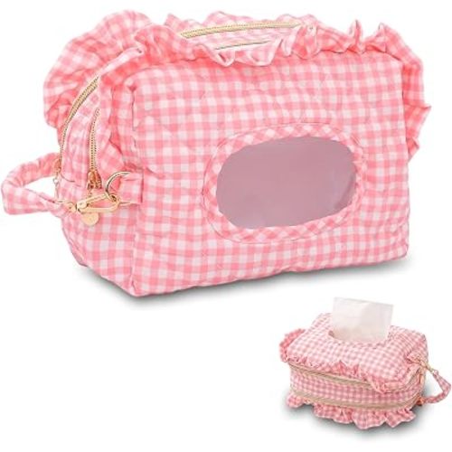 Double-Layer Wipes Holder, Small Hanging Diaper Bag (Pink Plaid)