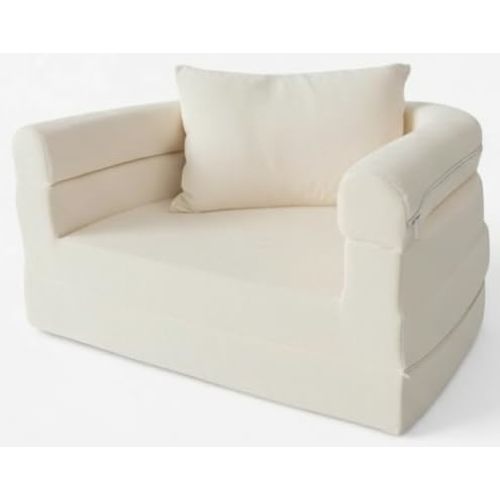 Wonder Space Kids Foam Couch with Blanket & Pillow, Pre-Assembled Toddlers 3-in-1 Convertible Sofa, Indoor Foadable Lounger Chair & Flip Open Floor Bed for Boys & Girls (Ivory)