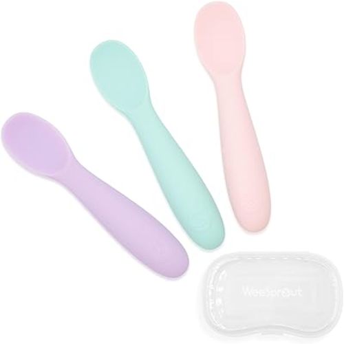 WeeSprout Baby Spoons for Self Feeding 6 Months +, Soft & Durable Silicone Utensils for Sensitive Gums & Teeth, Easy Grip Handles & Shorter Length for Little Hands, 3 Pack + Carrying Case