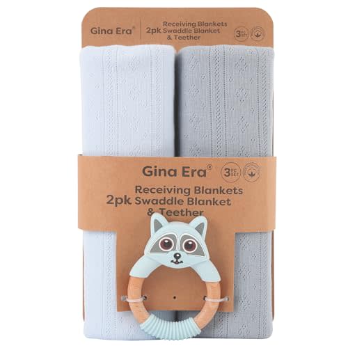 Gina Era Knit Baby Receiving Blankets, Soft Lightweight Cozy Swadde Blanket for Newborns, Unisex Baby Blanket, 2 Pack 30 X 40 Inch for Boy (Blue)