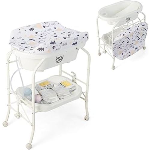 BABY JOY Baby Bathtub with Changing Table, Foldable Infant Diaper Changing Station with Storage Tray, Waterproof Pad, Portable Newborn Nursery Organizer Bath Stand with 4 Universal Wheels (White)