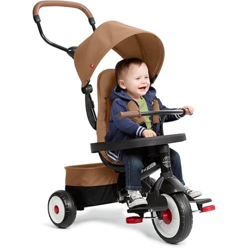 Radio Flyer City 4-in-1 Stroll 'N Trike, Mocha, For Riders 1-5 Years Old, 4 Riding Modes, 3 Point Harness with Comfort Pad, Parent Controlled Steering, Rear Storage, Stroller Tricycle for Toddlers