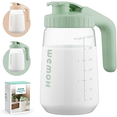 32oz Breast Milk Pitcher, 3X-Thick Heat & Cold Resistant Borosilicate Glass, Leakproof Breast Milk Fridge Storage Container with Wide Mouth & Ergo Grip, Dishwasher Safe, Fast Baby Formula Maker